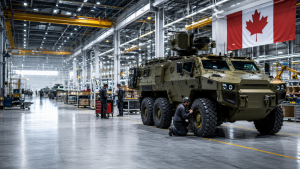 A picture of military trucks with a Canadian flag above