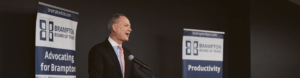 Picture of Minister Bethlenfalvy speaking at Brampton Board of Trade event