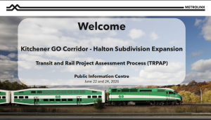 A digital presentation slide featuring a Metrolinx logo at the top left and top right against a white banner. The background displays an outdoor scene of a green and white GO Transit locomotive (numbered 617) pulling passenger cars along a railway line on a clear day with scattered clouds and trees. In the center, a large semi-transparent white box displays the black text: "Welcome", followed by "Kitchener GO Corridor - Halton Subdivision Expansion", "Transit and Rail Project Assessment Process (TRPAP)", and "Public Information Centre, June 22 and 24, 2026."